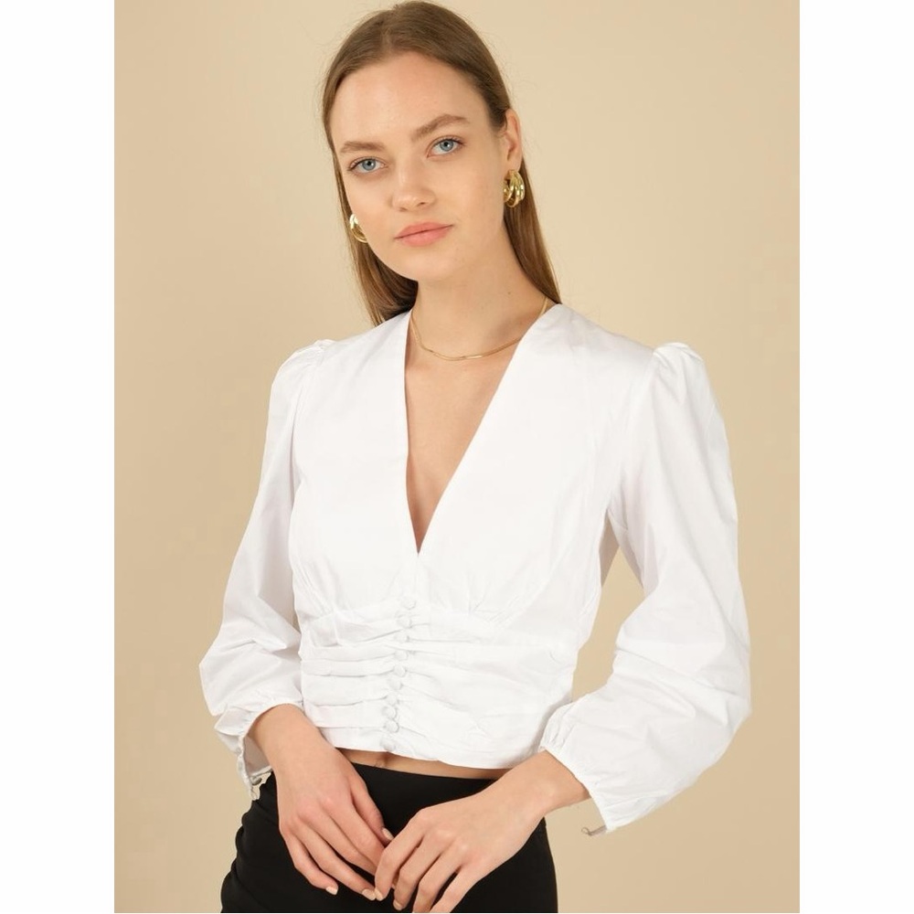 Zara White Button-Front Deep V Blouse